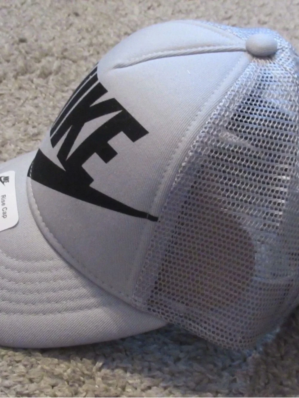 Nike Silver Mesh Trucker Hat with Black Logo Tag